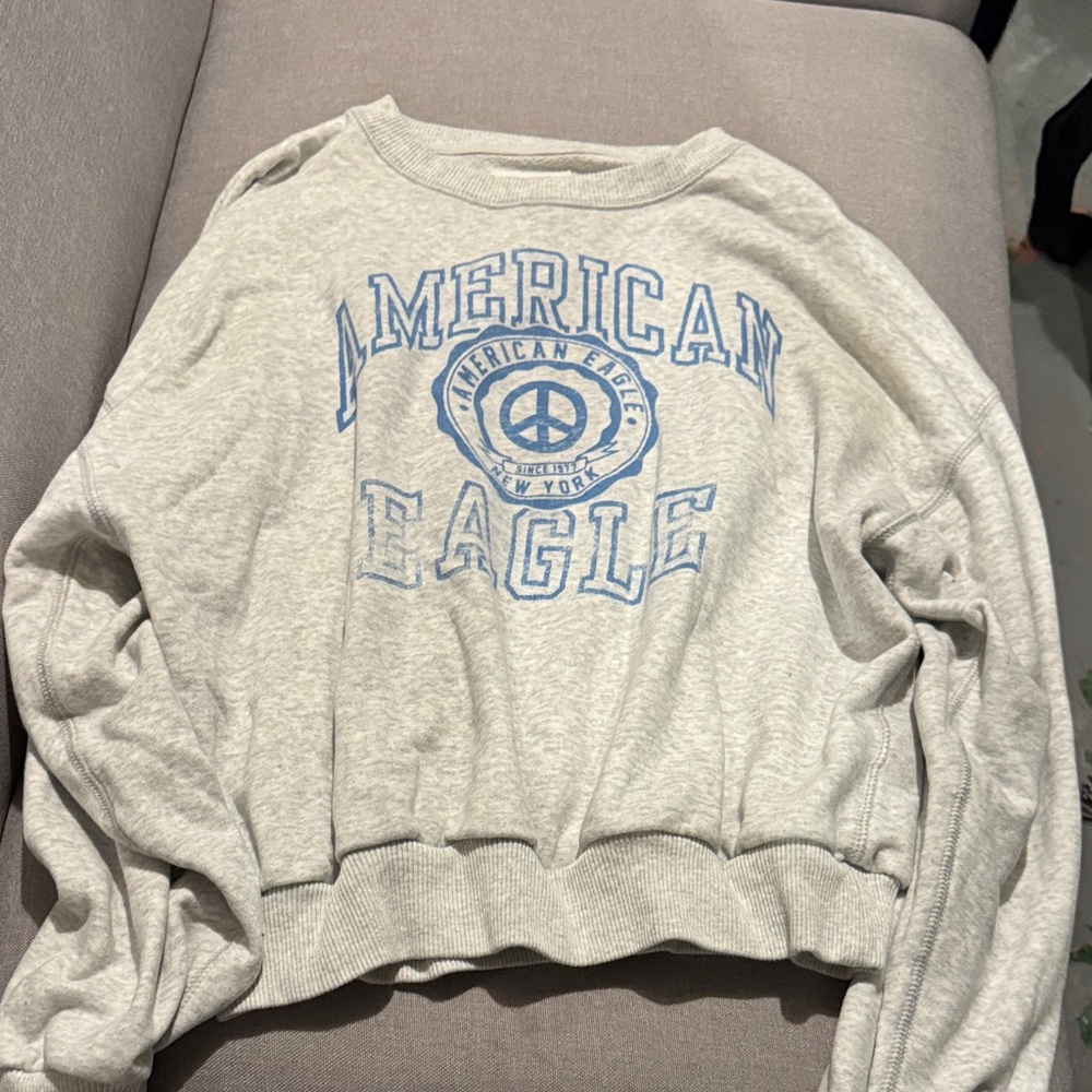 American Eagle Outfitters Light Gray Sweatshirt with Blue Logo